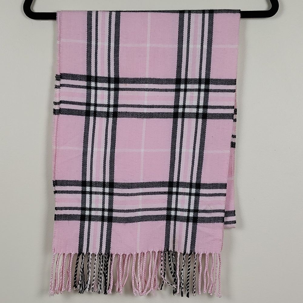 Kennedy Scotland  Soft as Cashmere Pink and Black Plaid Scarf with Fringe